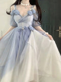 Sweet A line Sweetheart Blue Chiffon Floral Long 16th Birthday Dress Lolita Dress Birthday Outfits HZ1121