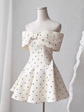 Cute A line Off The Shoulder Black Polka Dots Short Satin Formal Homecoming Dresses Party Graduation Dress Hoco Dresses HZ1121