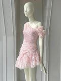 Cute Sheath One Shoulder Pink Lace Short Satin Formal Homecoming Dresses Party Graduation Dress Hoco Dresses HZ1121