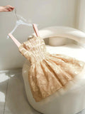 Simple A Line Square Gold Lace Short Formal Homecoming Dresses Party Graduation Dress Dance Hoco Dresses HZ1121