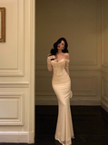 Sexy Sheath Off The Shoulder White Long Sleeves Satin 21st Birthday Dress Party Gown Birthday Outfits Birthday Dress Ideas For Women HZ1121