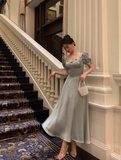 Vintage A line Square Blue Satin Prom Dresses Ruffles Evening Gowns Evening Dress HZ1121