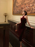 Sexy Sheath Halter Burgundy Velvet Sleeveless Prom Dresses Party Dress Summer Birthday Outfits Birthday Dresses HZ1121