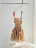 Simple A Line Square Gold Lace Short Formal Homecoming Dresses Party Graduation Dress Dance Hoco Dresses HZ1121