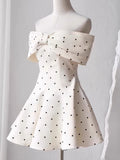 Cute A line Off The Shoulder Black Polka Dots Short Satin Formal Homecoming Dresses Party Graduation Dress Hoco Dresses HZ1121