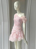 Cute Sheath One Shoulder Pink Lace Short Satin Formal Homecoming Dresses Party Graduation Dress Hoco Dresses HZ1121
