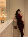 Sexy Sheath Halter Burgundy Velvet Sleeveless Prom Dresses Party Dress Summer Birthday Outfits Birthday Dresses HZ1121