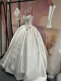 Modest White Strapless Satin Long Ball Gown Elegant Embroidered Applique Wedding Dress Cute Quinceanera Dress HZ1121