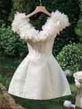 Cute A Line V Neck White Satin Mini Short Formal 8th Grade Homecoming Dresses Summer Middle School Hoco Dress Homecoming Outfits Birthday Outfit HZ1121