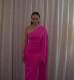 Elegant Sheath One Shoulder Hot Pink Chiffon Long Prom Dresses Party Dress Summer 22th Birthday Outfits 21st Birthday Dresses HZ1121