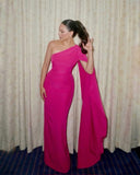 Elegant Sheath One Shoulder Hot Pink Chiffon Long Prom Dresses Party Dress Summer 22th Birthday Outfits 21st Birthday Dresses HZ1121