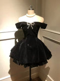 Sexy A line Off The Shoulder Black Velvet Mini Short Formal 8th Grade Homecoming Dresses Summer Middle School Hoco Dress Homecoming Outfits Birthday Outfit HZ1121