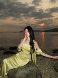Elegant Mermaid Off The Shoulder Yellow Satin Prom Dresses Party Dress Summer 22th Birthday Outfits 18th Birthday Dresses HZ1121