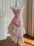 Cute High Low Spaghetti Straps Pink Lace Formal 8th Grade Homecoming Dresses Summer Middle School Hoco Dress Homecoming Outfits HZ1121