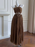 Elegant A Line Halter Brown Chiffon Sleeveless Long Evening Party Gowns Evening Formal Dresses Prom Dress HZ1121