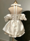 Pretty Ball Gown Off The Shoulder White Satin Mini Short Formal 8th Grade Homecoming Dresses Summer Middle School Hoco Dress Birthday Outfits HZ1121