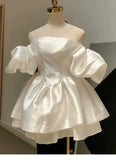 Pretty Ball Gown Off The Shoulder White Satin Mini Short Formal 8th Grade Homecoming Dresses Summer Middle School Hoco Dress Birthday Outfits HZ1121