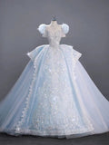 Romantic Bridal Gown Ball Gown High Neck Blue Lace Long Wedding Dresses Minimalist Bridal Gowns HZ1121