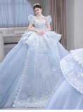 Romantic Bridal Gown Ball Gown High Neck Blue Lace Long Wedding Dresses Minimalist Bridal Gowns HZ1121