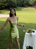 Cute Sheath Spaghetti Straps Sage Green Satin Mini Short Formal 8th Grade Homecoming Dresses Summer Middle School Hoco Dress Birthday Outfits HZ1121