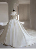 Pretty Wedding Dress Ball Gown Off The Shoulder White Long Satin Wedding Dresses Bridal Gowns Brides Gown HZ1121