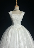 Vintage Bridal Gown Ball Gown Square Neck Sleeveless Tulle Lace Long White 70s Wedding Dresses Elegant Bridal Gowns HZ1121