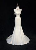 Unique Bridal Gown Mermaid Strapless Chiffon Sleeveless White 50s Wedding Dresses Modest Bridal Gowns HZ1121