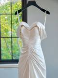 Modest Bridal Gown Sheath Off The Shoulder Light Pink Satin Pleated Long Wedding Dresses Elegant Bridal Gowns HZ1121