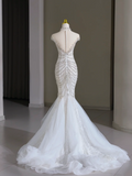 Modest Bridal Gown Mermaid Scoop Neck Cap Sleeves Tulle Silver Beads Long White Wedding Dresses Elegant Bridal Gowns HZ1121