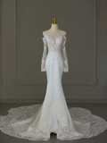 Modest Bridal Gown Mermaid Off The Shoulder White Long Sleeves Satin Lace Wedding Dresses Elegant Bridal Gowns HZ1121