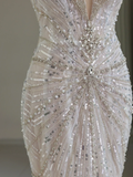 Modest Bridal Gown Mermaid Scoop Neck Tulle Silver Beads Long White Wedding Dresses Elegant Bridal Gowns HZ1121