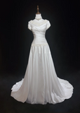 Vintage Bridal Gown A line Square Neck White Short Sleeves Satin 60s Wedding Dresses Timeless Brides Bridal Gowns HZ1121