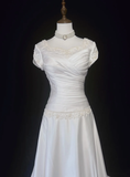 Vintage Bridal Gown A line Square Neck White Short Sleeves Satin 60s Wedding Dresses Timeless Brides Bridal Gowns HZ1121