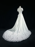 Classic Elegant Wedding Gown A line V Neck Long White Satin 70s Wedding Dresses Vintage Bridal Gowns HZ1121