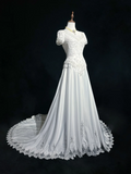 Classic Elegant Wedding Gown A line V Neck Long White Satin 70s Wedding Dresses Vintage Bridal Gowns HZ1121