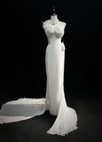 Unique Wedding Dress Sheath One Shoulder Chiffon White Flowers 90s Wedding Dresses Vintage Bridal Gowns HZ1121