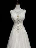 Unique Bridal Dress A Line V Neck White Tulle Long 90s Wedding Dresses Vintage Bride Dress Bridal Gowns HZ1121