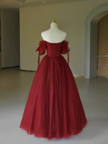 Pretty Ball Gown Off The Shoulder Burgundy Tulle Long Quinceanera Dress Formal Gowns Vestido De 15 Anos Sweet 16 Dress HZ1121