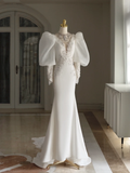 Retro Bridal Dress Mermaid V Neck Long Sleeves Satin Wedding Dress With Lace Wedding Dresses Modest Wedding Gowns HZ1121