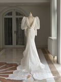 Retro Bridal Dress Mermaid V Neck Long Sleeves Satin Wedding Dress With Lace Wedding Dresses Modest Wedding Gowns HZ1121