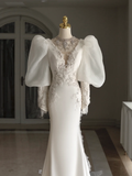 Retro Bridal Dress Mermaid V Neck Long Sleeves Satin Wedding Dress With Lace Wedding Dresses Modest Wedding Gowns HZ1121