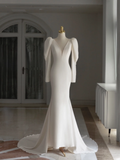 Simple Mermaid V Neck Long Sleeves Satin Wedding Dress With Buttons Wedding Dresses Modest Wedding Gowns Brides Dress HZ1121