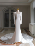 Simple Mermaid Square Neck Long Sleeves Satin Wedding Dress With Lace Wedding Dresses Modest Wedding Gowns Brides Dress HZ1121