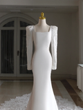 Simple Mermaid Square Neck Long Sleeves Satin Wedding Dress With Lace Wedding Dresses Modest Wedding Gowns Brides Dress HZ1121