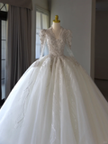 Luxury Ball Gown V Neck Long Sleeves Lace Wedding Dress With Silver Beads Wedding Dresses Modest Wedding Gowns Brides Dress HZ1121