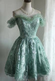 Vintage Ball Gown Off The Shoulder Green Lace Mini Short Formal 8th Grade Homecoming Dresses Summer Middle School Hoco Dress 20th Birthday Outfits HZ1121