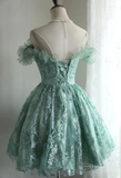 Vintage Ball Gown Off The Shoulder Green Lace Mini Short Formal 8th Grade Homecoming Dresses Summer Middle School Hoco Dress 20th Birthday Outfits HZ1121