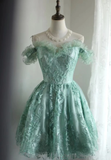 Vintage Ball Gown Off The Shoulder Green Lace Mini Short Formal 8th Grade Homecoming Dresses Summer Middle School Hoco Dress 20th Birthday Outfits HZ1121