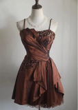 Retro A line Spaghetti Straps Brown Taffeta Mini Short Formal 8th Grade Homecoming Dresses Middle School Short Prom Dress Hoco Outfits HZ1121