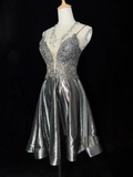 Unique A line Spaghetti Straps Gray Sleeveless Short Mini Green Formal 7th Grade Homecoming Dresses Middle School Prom Dress Hoco Outfits HZ1121